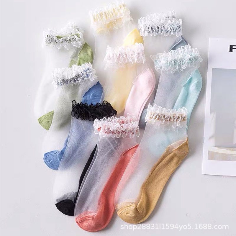Summer glass stockings lace socks women's Japanese summer Joker thin glass crystal silk fairy boat socks wholesale