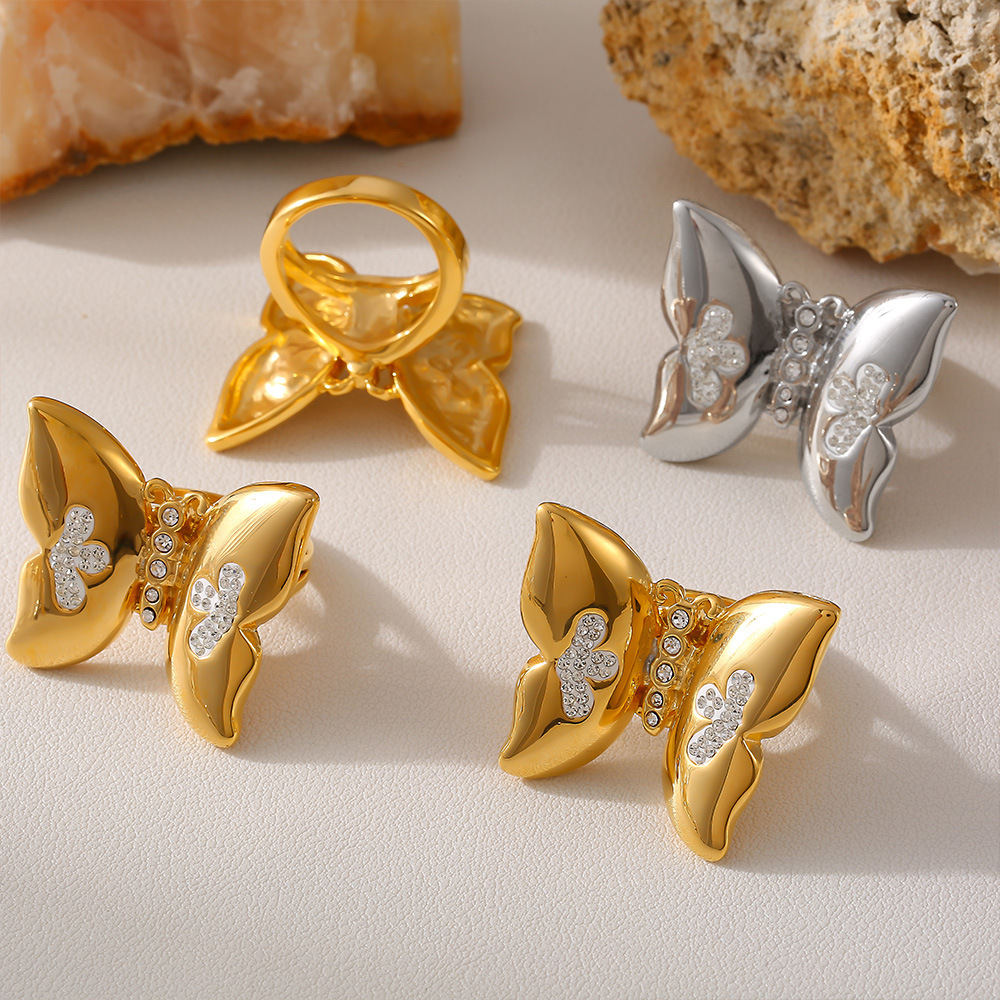 Creative Personality Exaggerated Butterfly Inlaid Diamond Ring Stainless Steel PVD Vacuum High-end Design Jewelry_voghion.com