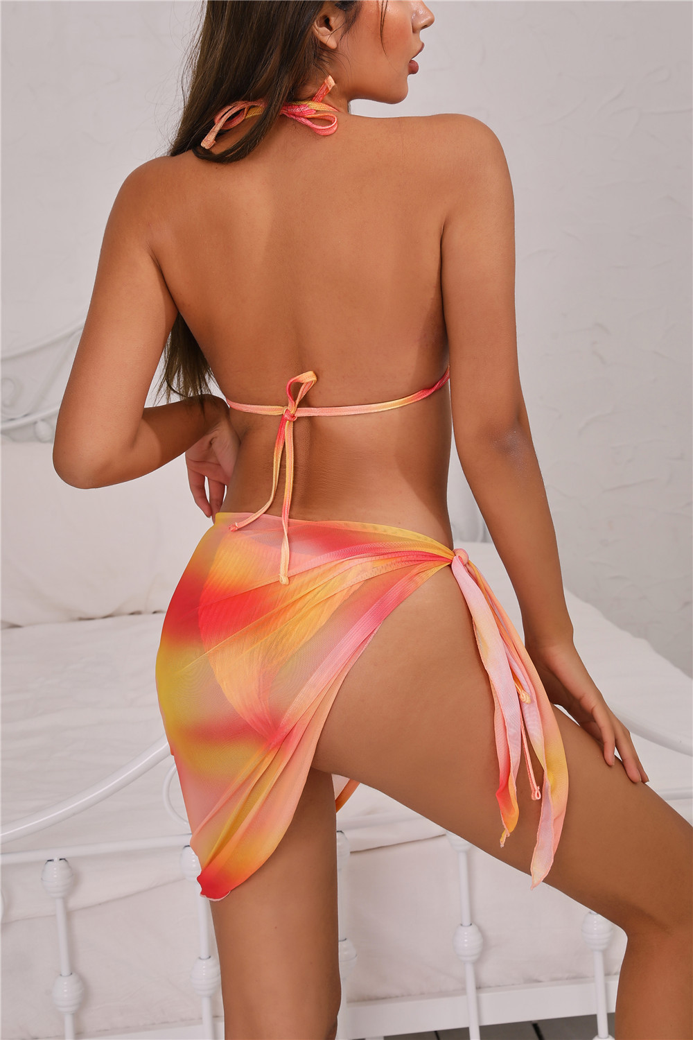 hanging neck backless lace-up high waist tie-dye print bikini three-piece set NSJHD124719