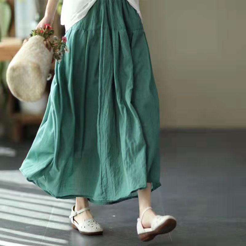 Cotton and Linen Skirt for Women, New Large Swing Skirt, Solid Color, Elegant Long Skirt, Puffy Skirt, Double Layer Breathable, Artistic Mid-Waist Elastic