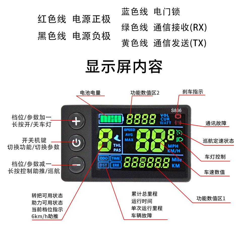 Color Screen Electric Bicycle Five-Core Waterproof Head Speed Instrument Mountain Bike S866 Intelligent Lcd Lcd Display