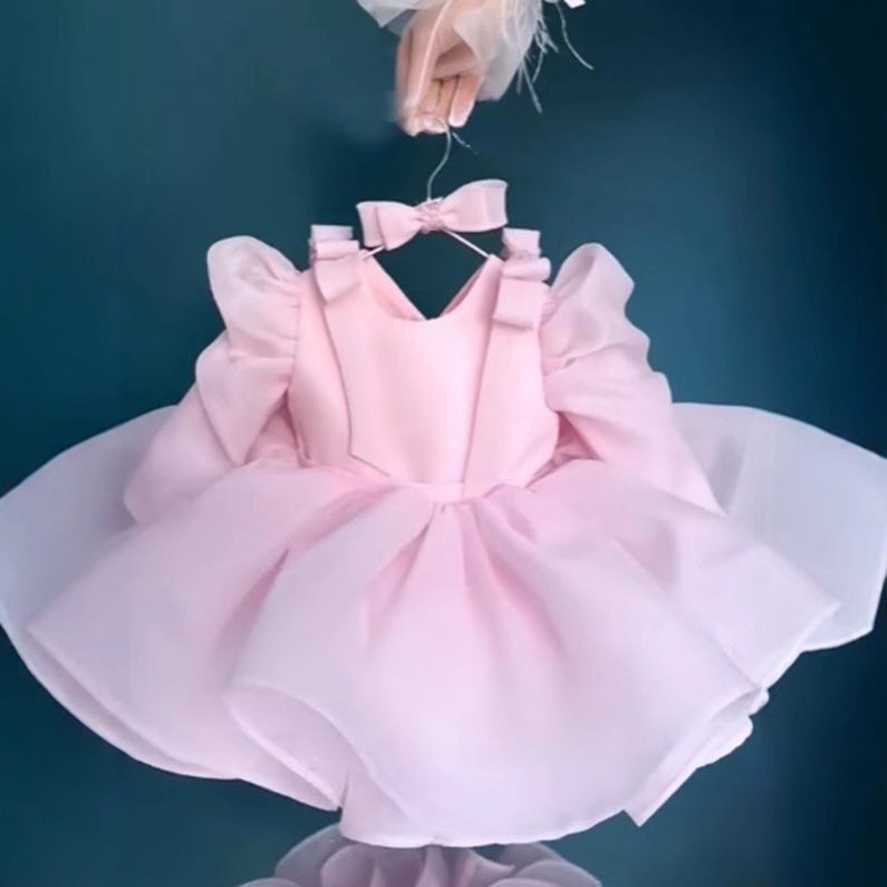 Abito da principessa rosa per il primo compleanno, con fiocco, perfetto per bambine da 0 a 3 anni, in poliestere. 【Pre-ordine | Spedizione in 15 giorni】_voghion.com