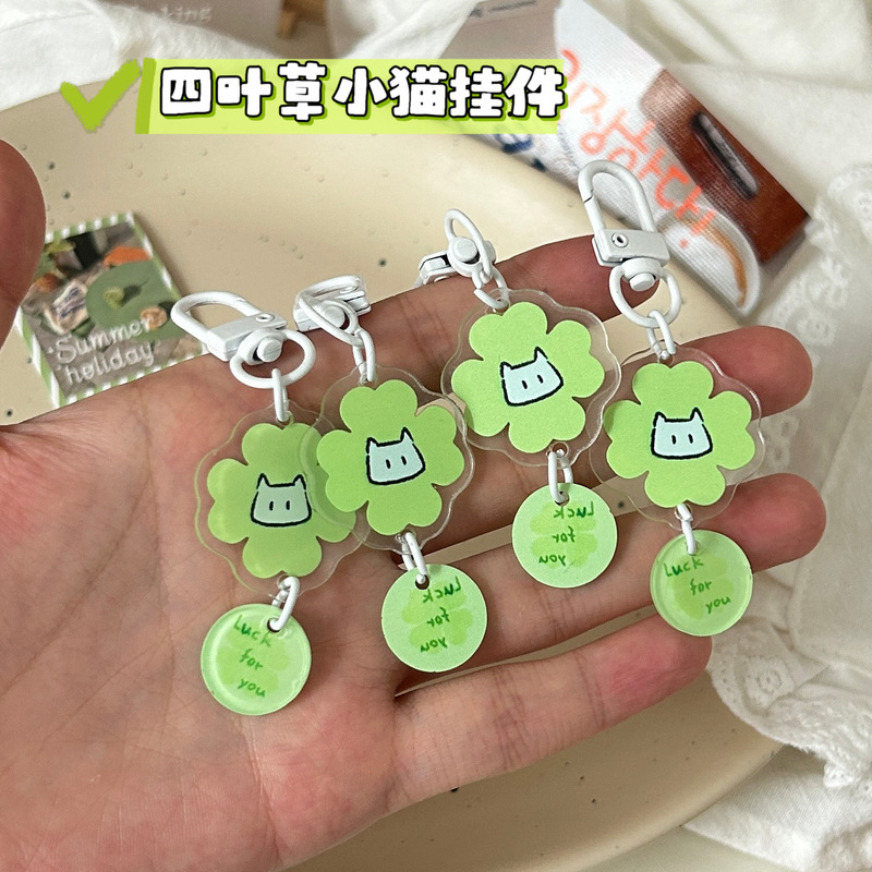 Little Red Book Same Style Lucky Cat Four-Leaf Clover Acrylic Cute Cartoon Backpack Pendant Gift for Best Friend