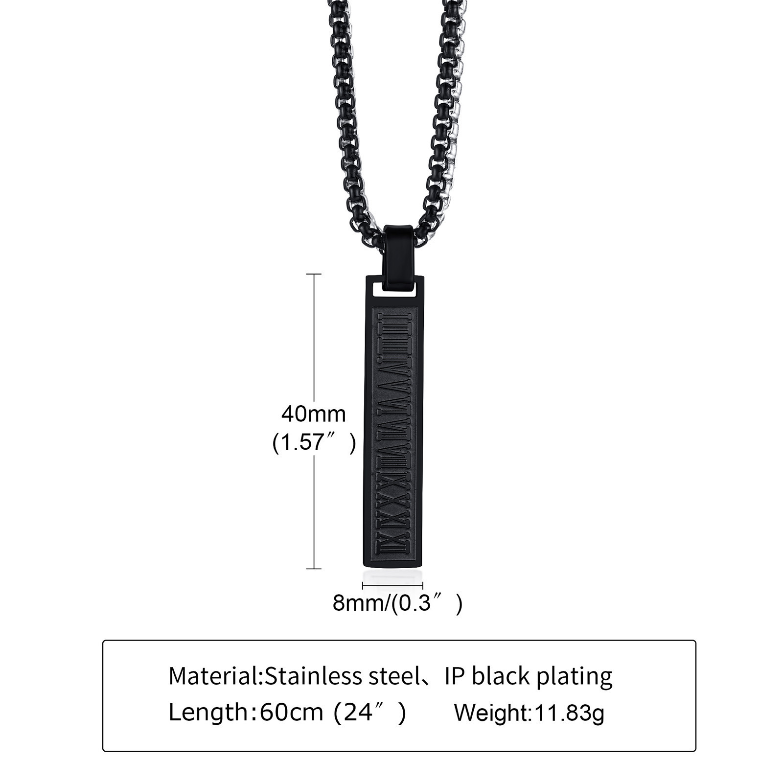 Nouveau pendentif en forme de barre rectangulaire en chiffres romains en acier inoxydable, collier géométrique de couleur acier noir pour hommes_voghion.com