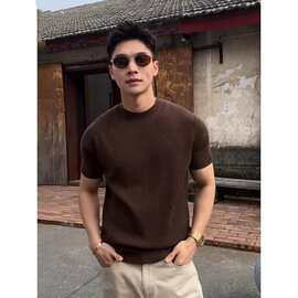 咖啡色老钱风针织短袖男款夏季轻熟风穿搭冰丝t恤小领口正肩半袖