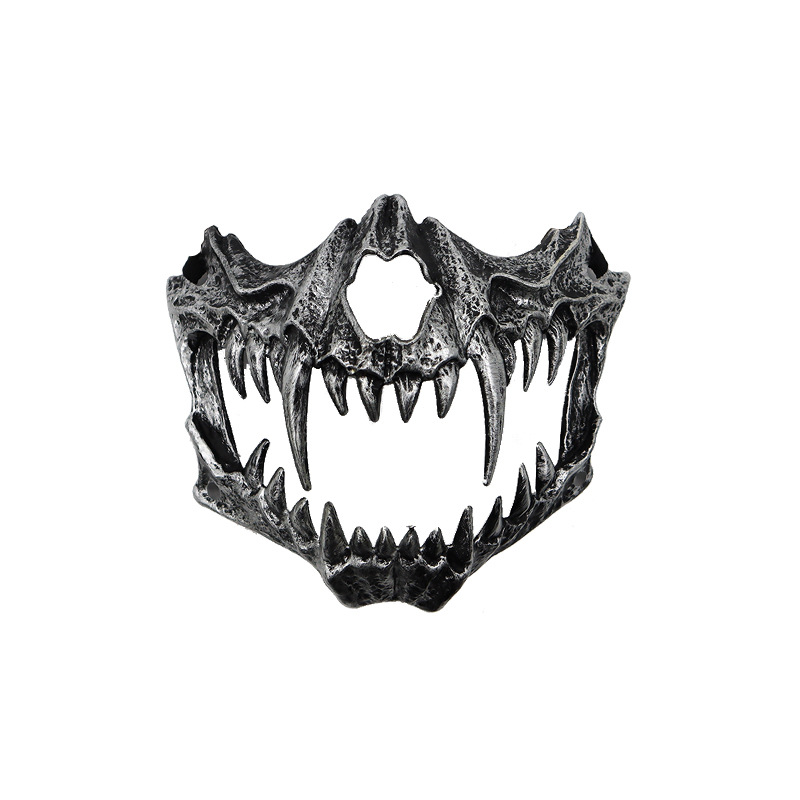 fiesta máscara de esqueleto dientes largos demonio esqueleto mitad cara máscara de lobo detrás máscara gigante disfraz de Halloween