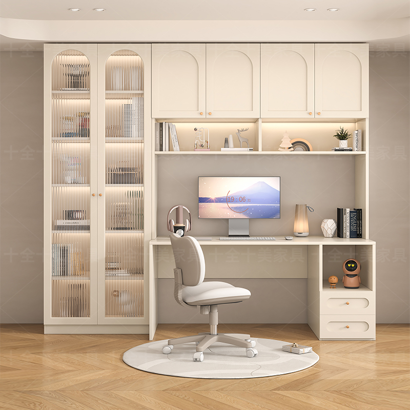 W8 Desk Bookshelf Integrated Table Cream Style with Bookcase Combination Student Study Table Home Desk Desktop Computer
