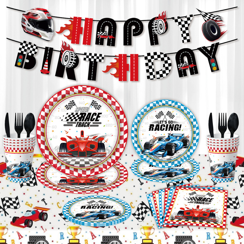 New Racing Theme Boys Birthday Party Supplies Tableware Disposable Paper Tray Flag Banner Year-old Arrangement