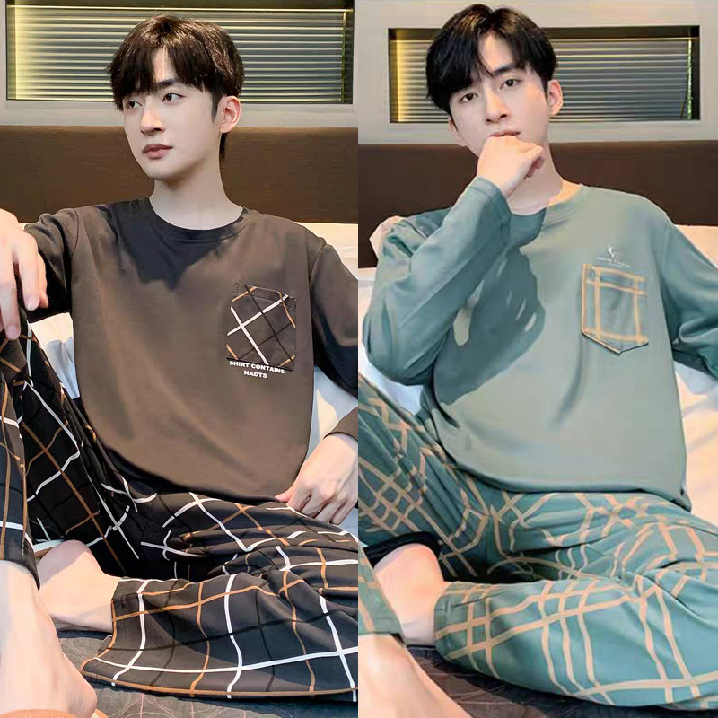 现货男士睡衣春秋季宽松大码休闲高级感格子长袖长裤秋冬款家居服