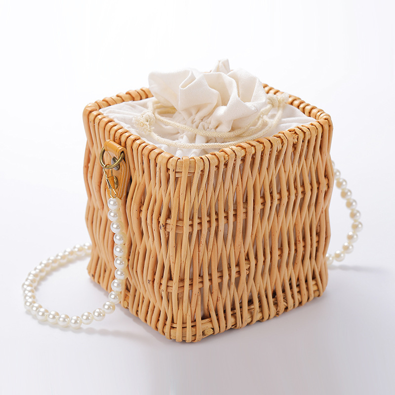 Wicker Woven Bag Women's Bag Souvenir Fashion Woven Rattan Pearl Hand-Held Small Square Bag Pearl Single Shoulder Diagonal Handmade Wicker Woven Bag Women's Bag Souvenir Fashion Woven Rattan Pearl Hand-Held Small Square Bag Pearl Single Shoulder Diagonal Handmade