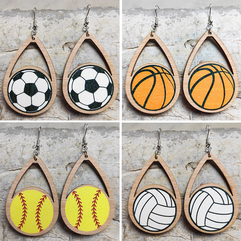 Football World Cup Earrings Water Drops Hollow Wooden Baseball Basketball Volleyball Earrings Best Selling Sports Accessories