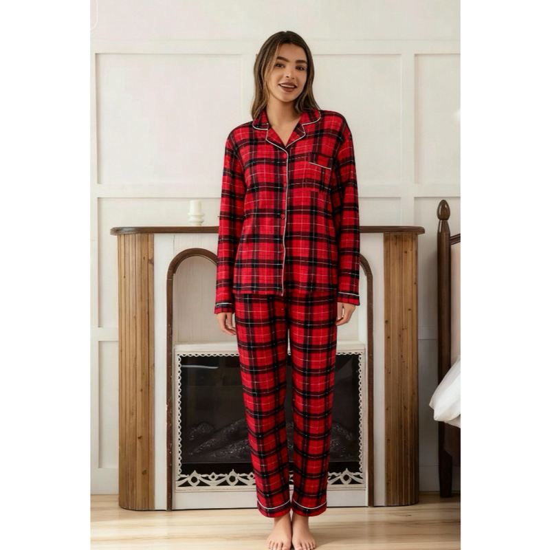 [Christmas Pajamas] Autumn and Winter Temu Xiyin Hot Selling Style Red Plaid Lapel Women's Pajamas Set Home Clothes