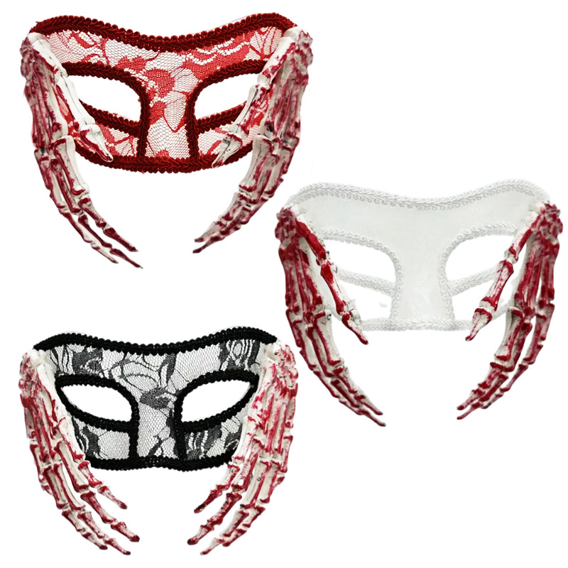 Amazon nuevo esqueleto mano máscara de encaje cabeza plana máscara translúcida Halloween accesorios de fiesta