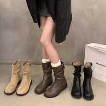 超火！韩系小短靴女堆堆靴2023新款秋冬复古圆头百搭机车靴马丁靴