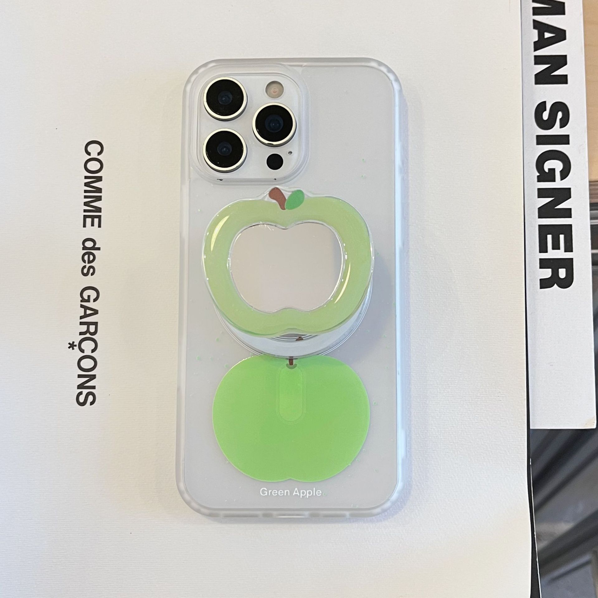 Soportes de espejo de manzana verde con salpicaduras de tinta para estuche para teléfono móvil Apple 16ProMax 15/14 nuevo 13 verano 15Pro femenino