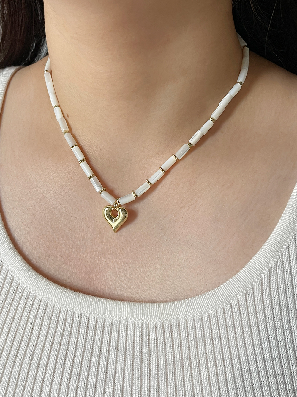 Fashion Heart Shape Shell Copper Beaded Plating Pendant Necklace 1 Piece