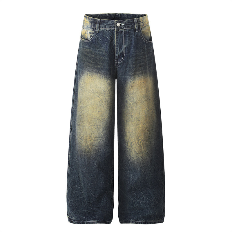 Trendy Retro Washed High-Street Jeans with Earthy Wash and Back Pocket Flap Design, Niche Vintage-Style Wide-Leg Jeans for Men and Women