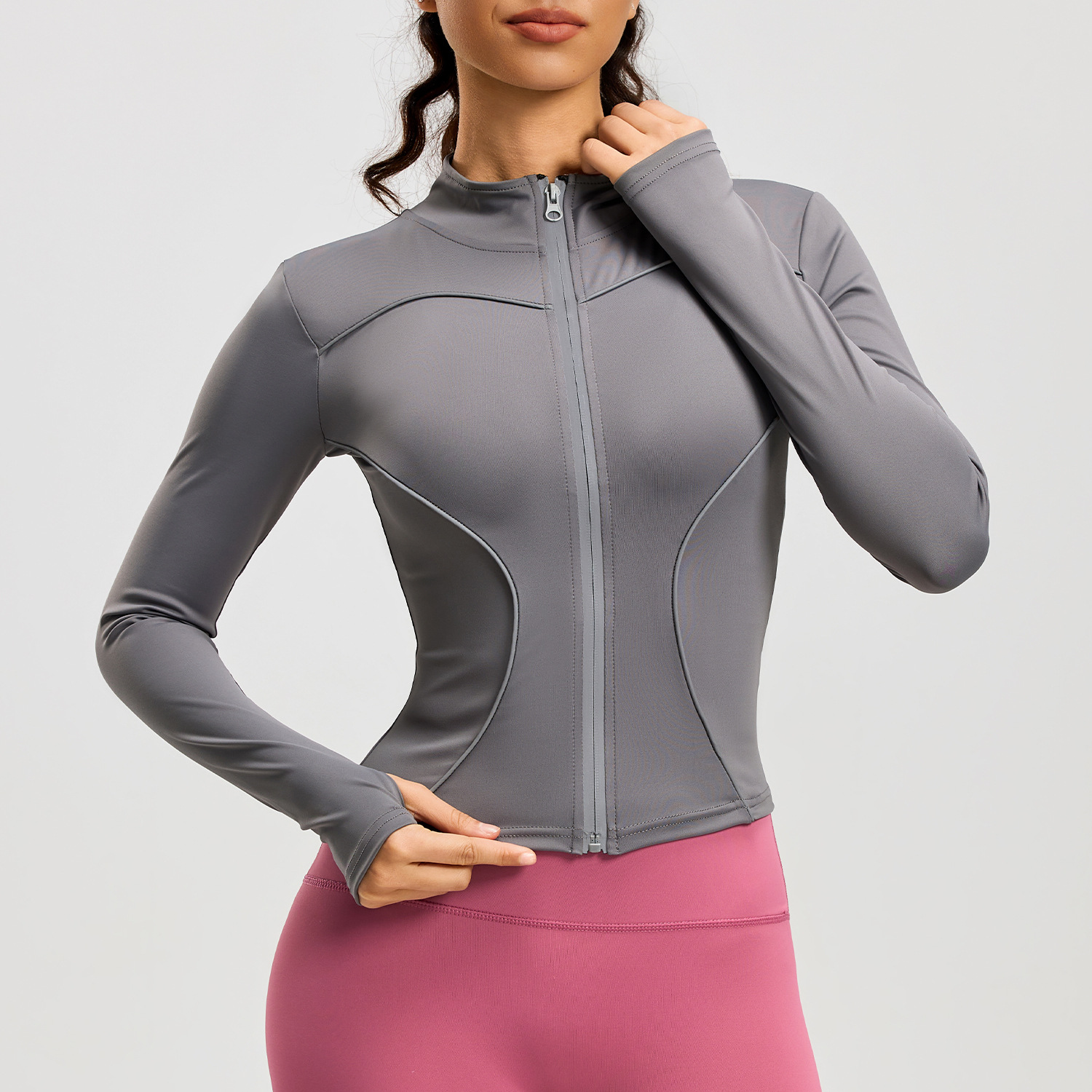 Chaqueta de Yoga Juyitang con Diseño de Líneas, Cuello Alto, Corte Ajustado, Reflectante para Correr de Noche, para Mujer
