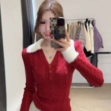 新品 圣诞红色毛毛领拼接长袖毛衣女秋冬新款气质修身显瘦内搭针