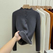 加绒加厚半高领纽扣新品衫女秋冬保暖内搭一体绒毛衣气质女士上衣