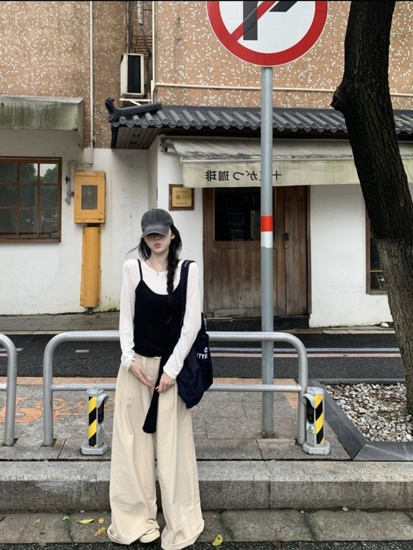韩系慵懒松弛感上衣女早秋长袖T恤气质针织衫两件套打底衫|undefined