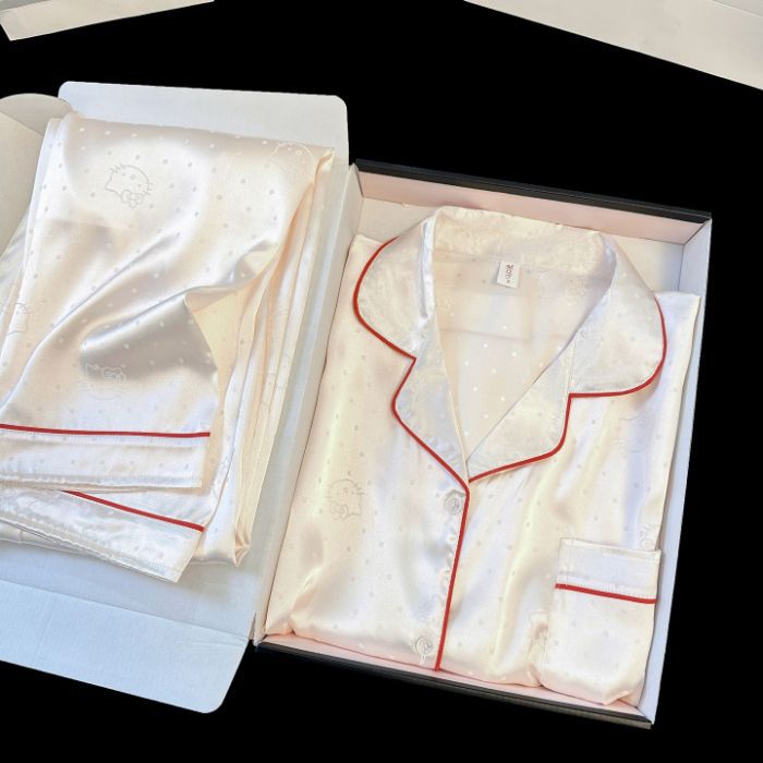 Al por mayor transfronterizo nuevo pijama de seda de hielo de mujer onda punto de dibujos animados gatito manga larga pantalones largos delgados set de ropa para el hogar