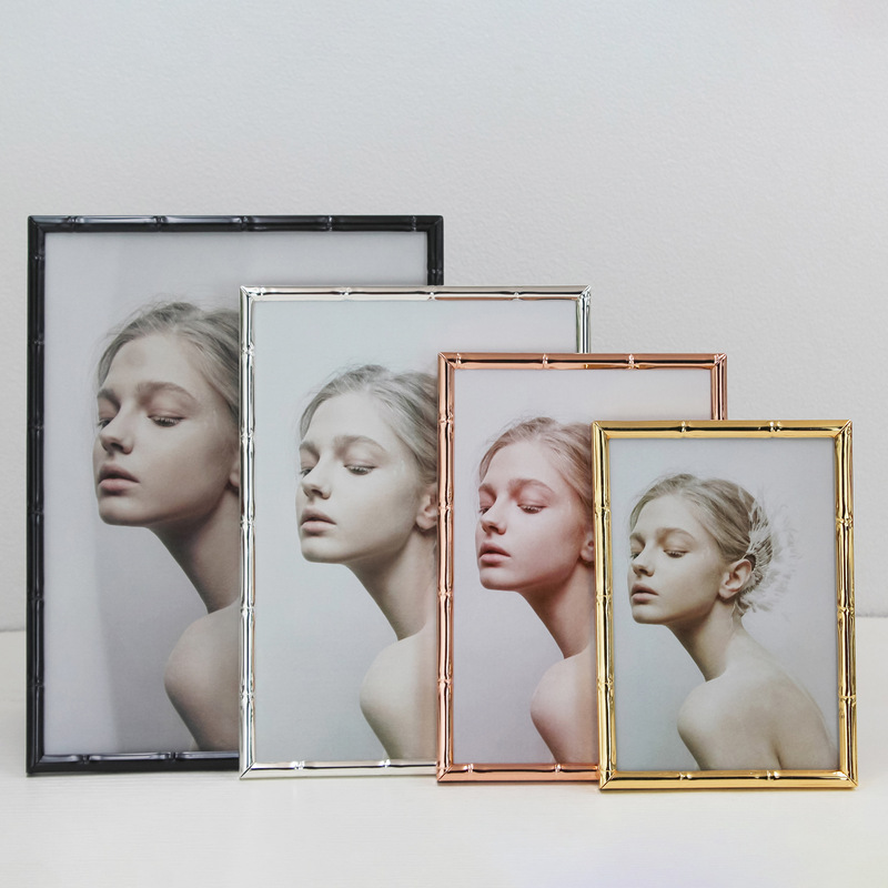 Simple Narrow-Edge Bamboo-Patterned Metal Photo Frame, Iron Art Gold Color, 7inch A4 Size, for Tabletop Display or Wall Hanging, Picture Frame for Study Room