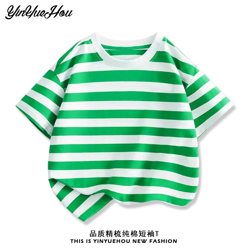 男童夏装现货小孩子衣服儿童纯色短袖t恤条纹半袖中大童跨境代发T