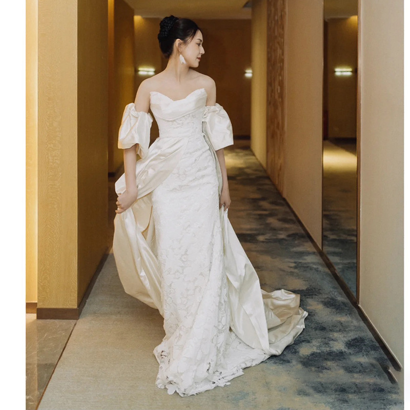 Francés retro nupcial luz vestido de novia 2024 nuevo encaje luz al aire libre de lujo Luz de hadas vestido de novia suministro de la fábrica