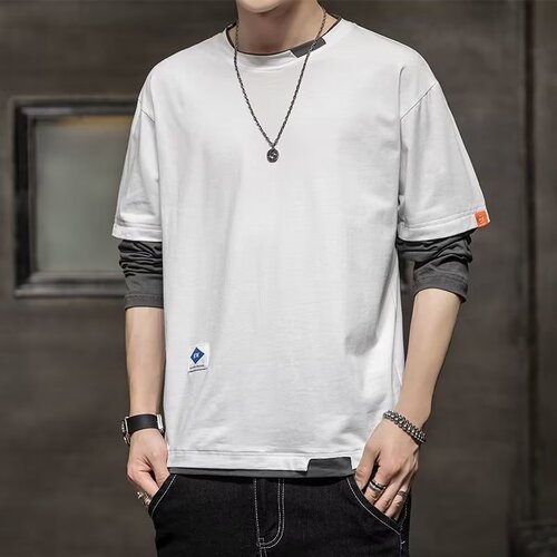 Men's Spring Korean Style Pajama Top with Long Sleeve Base Shirt, Round Neck Slim Fit Autumn T-Shirt Top