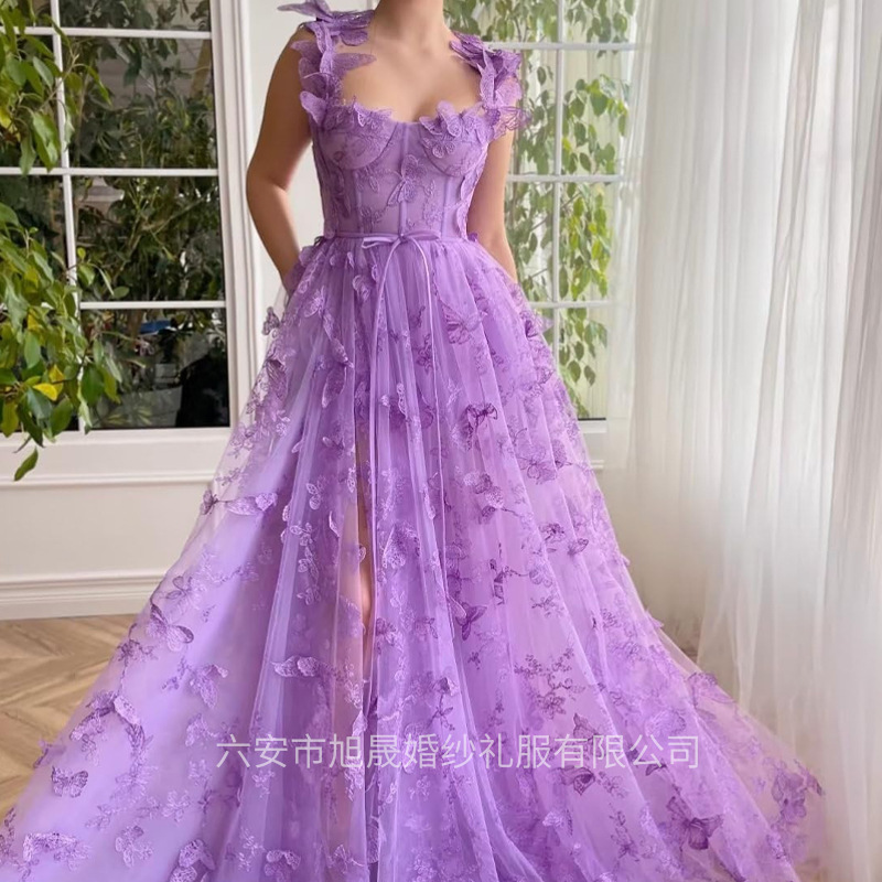 Cross-Border New Style Tulle Lace Prom Dress Party Wedding Butterfly Sexy Strap Slit Prom Evening Dress