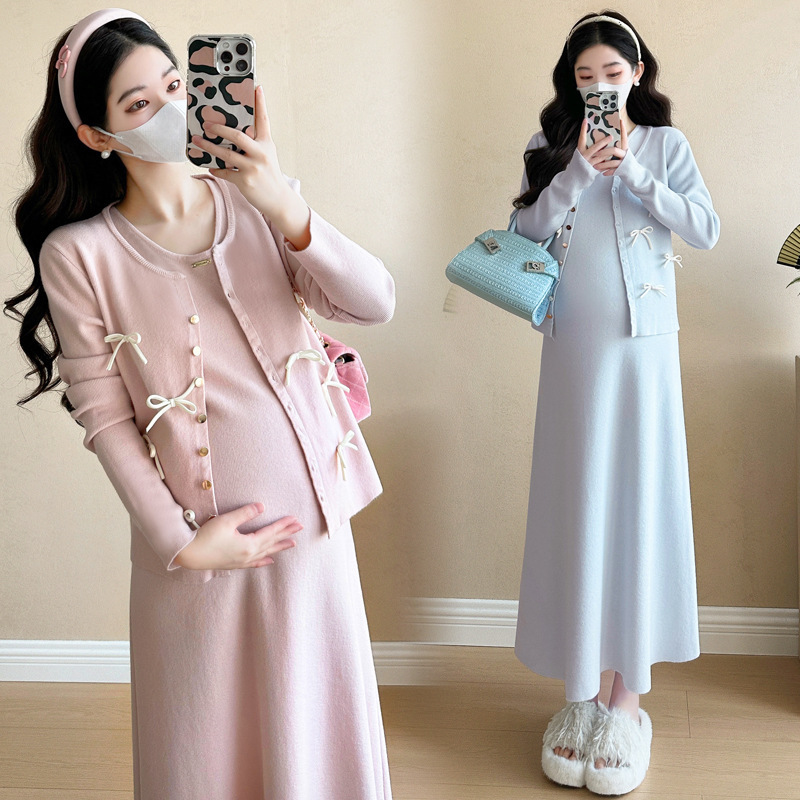 in stock Pregnant Women's Spring Dress dress suit plus size Fashion Trendy Mom's New Cardigan Knitted Striped Pregnant Women's Long Dress