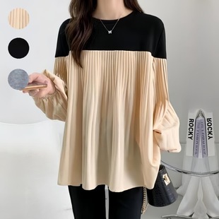 Foreign Trade Women's Clothing European and American Style 2025 Spring and Summer Pleated Elastic Lantern Sleeves Color Matching Long-Sleeved T-Shirt Tops for Women