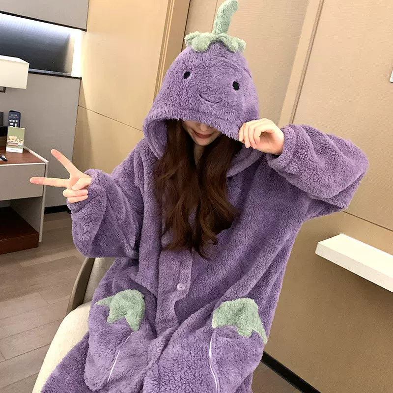 可爱卡通小茄子睡衣女2025年新款冬小个子珊瑚绒加厚睡袍家居服秋