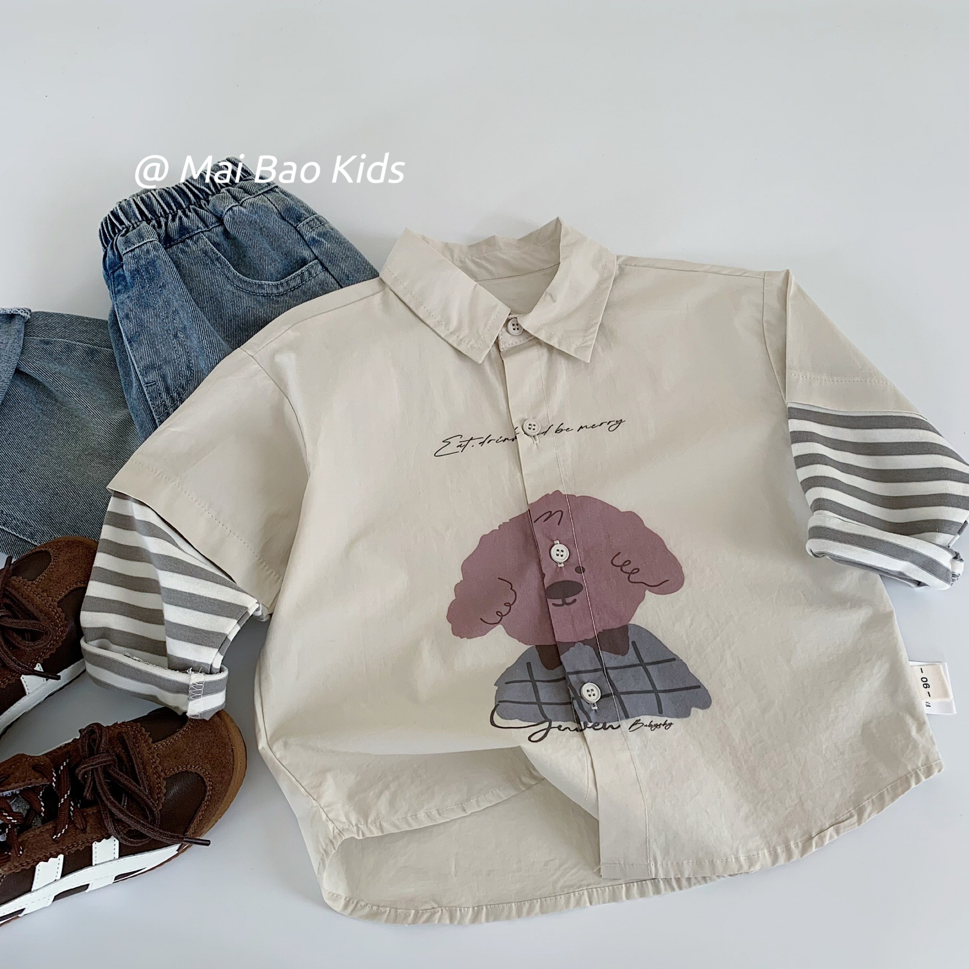 Camisas infantiles Mai Bao 2025, otoño nuevo estilo coreano de dibujos animados para bebés masculinos y femeninos, camisas falsas de dos piezas para niños primavera y otoño