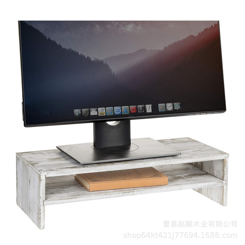 Wooden Computer Monitor Bracket Nostalgic White Wash Office Desktop Storage Rack Laptop Stand