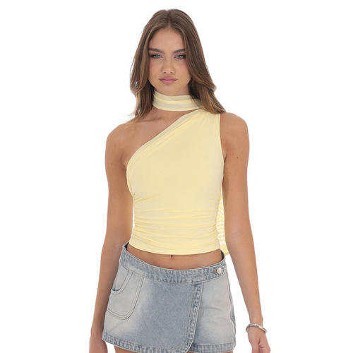 J25TP197 European and American style new summer/fall sexy slim-fit solid color mesh scarf off-shoulder short camisole
