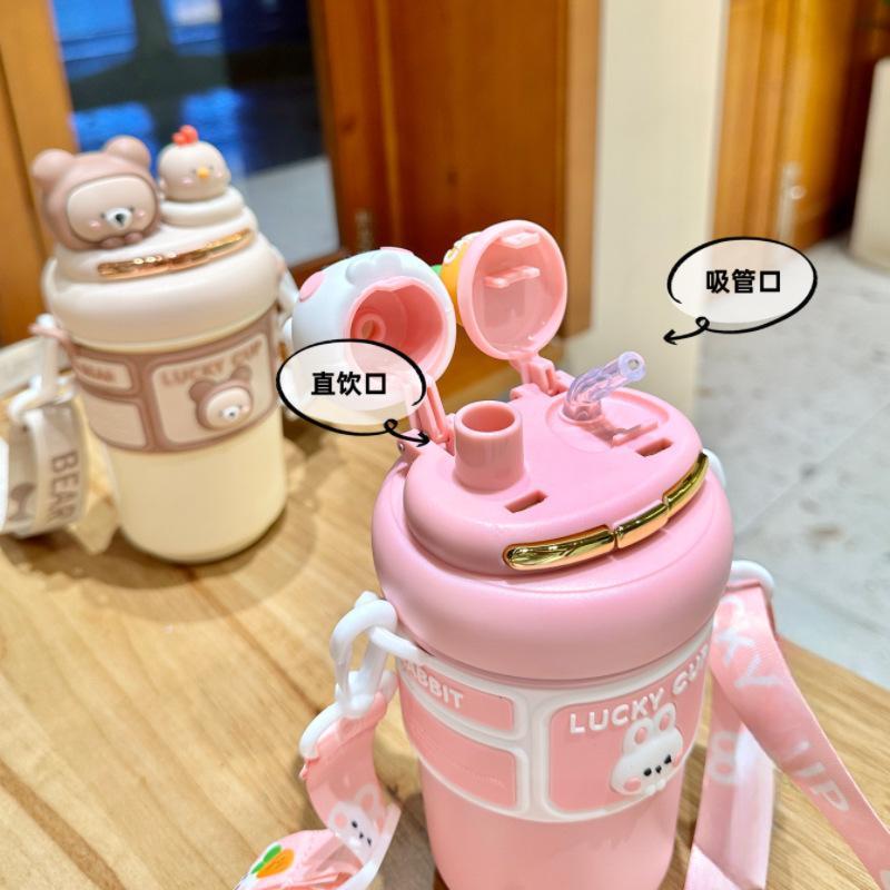 新しいストロー付き保温カップ、かわいい女の子や子供向け、高見えするデザイン、通学用、ネットで話題の二層構造水筒|undefined