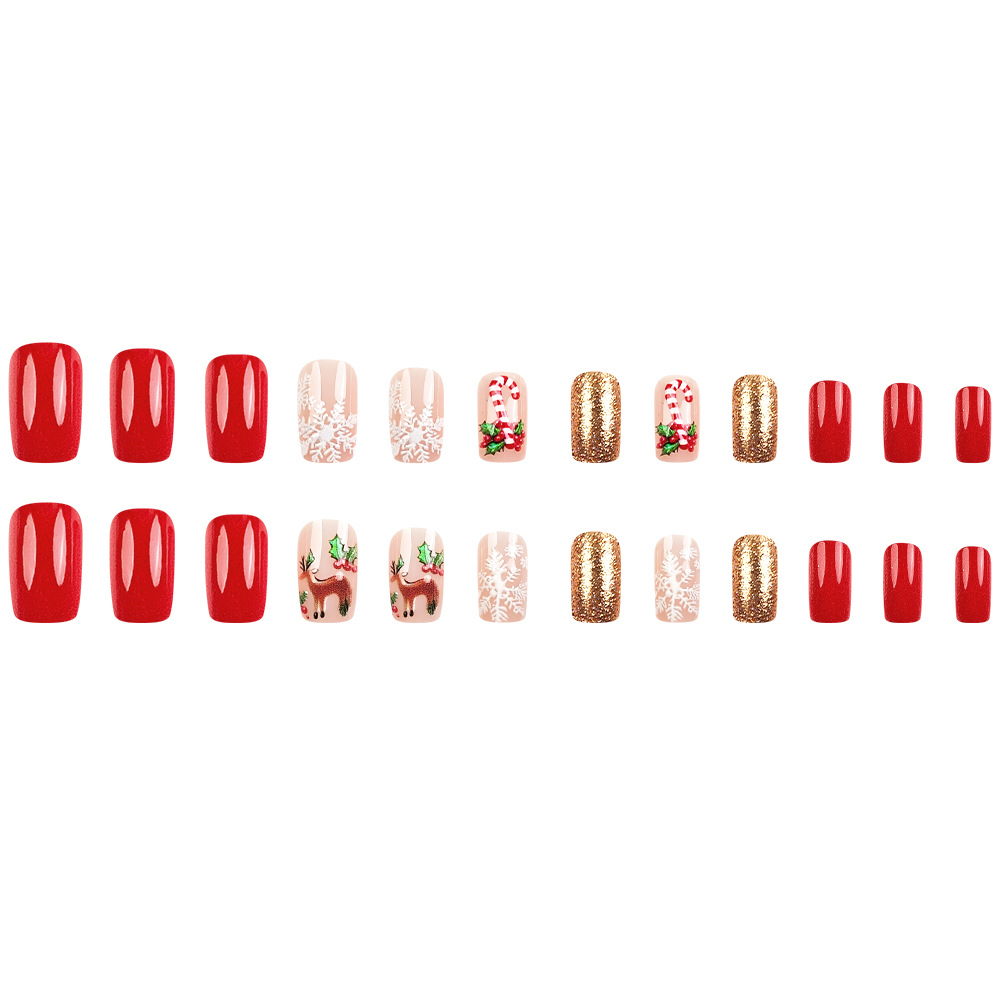 Nuevos ciervos de nieve transfronterizos de color rojo dorado manicure Navidad viento de vestir uñas 24 piezas de parche de uñas
