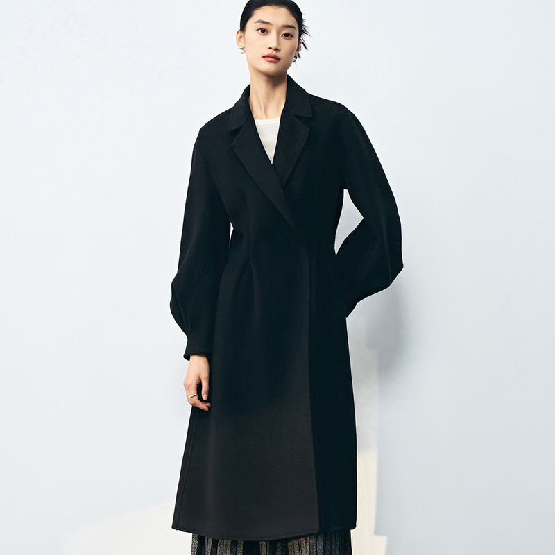 25 Autumn/Winter New Double-Sided Wool Pleated Puff Sleeve Ruched Waist-Cinching Elegant Coat for Women 22153
