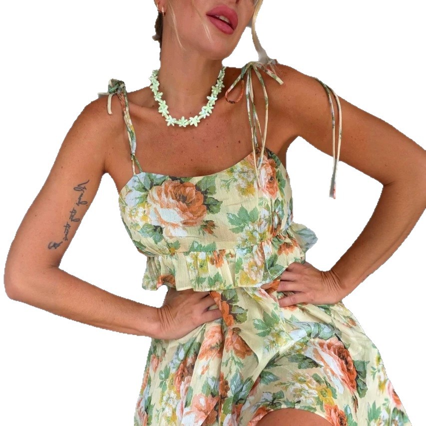 Bohemian Floral Print Spaghetti Strap Maxi Dress With Ruffle Hem, Relaxed Fit For Vacation & Daily Wear_ecoleips.com