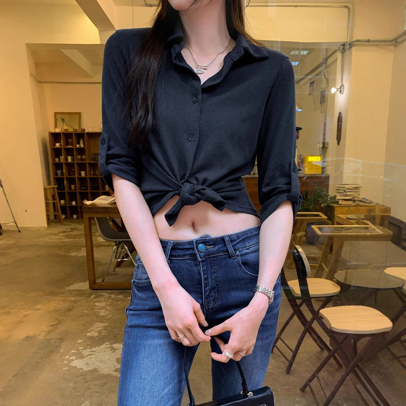 Navy Blue Mid-Sleeve Shirt for Women Early Autumn 2025 New Style Elegant Outer Wear Unique and Chic Waist Slim Shirt Navy Blue Mid-Sleeve Shirt for Women Early Autumn 2025 New Style Elegant Outer Wear Unique and Chic Waist Slim Shirt