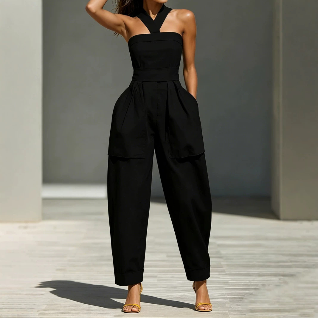 European and American style women's independent clothing website, new resort style, high-waisted crossover halter neckline, loose women's jumpsuit