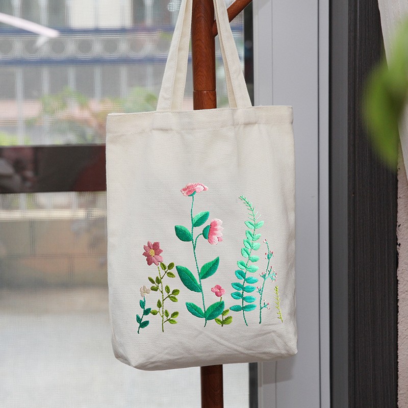 Hecho a mano DIY cinta bordada bolsa de lona Lu bordado solo hombro bolso tridimensional bordado flor lienzo mujer bolsa grande