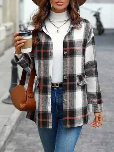 Cross-border foreign trade European and American women's clothing outerwear 2025 autumn and winter red plaid thick open jacket Amazon foreign clothing top
