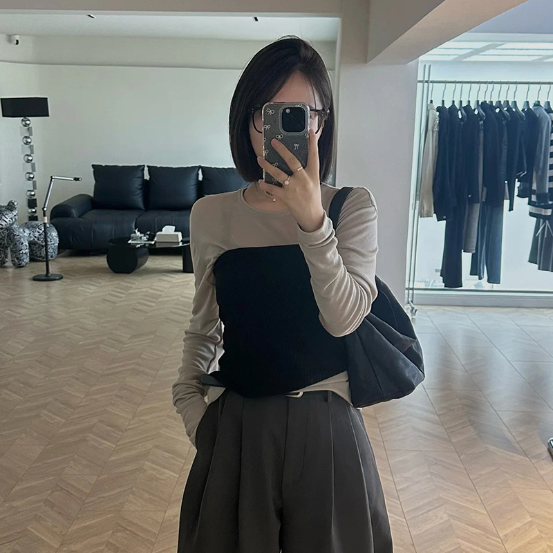 YIDENG设计感撞色长袖T恤女春季新款修身显瘦韩系假两件上衣|undefined