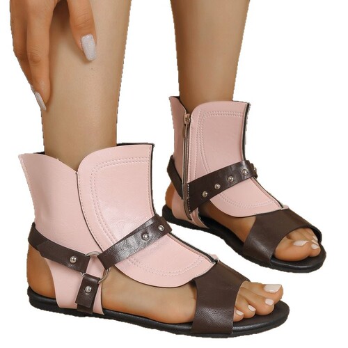 Flat-bottomed multicolor studded sandals with fish-mouth design, side zipper, short shaft—women’s Roman-style versatile flat-heeled shoes.