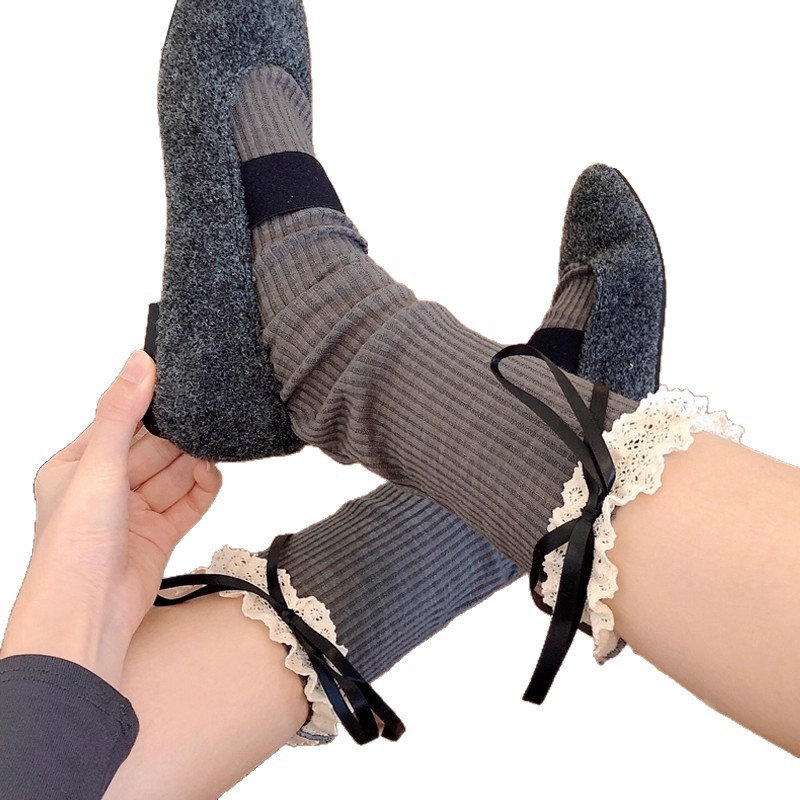 Calcetines de pantorrilla de encaje blanco para mujeres otoño y invierno gruesas calcetines de pila gris mediana calcetines de arco marrón