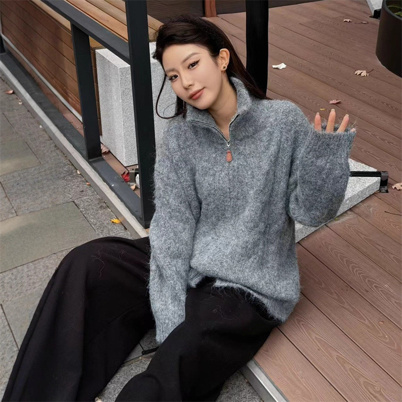 冬日慵懒保暖麻花超厚毛衣外套女秋冬双拉链高领毛绒针织开衫上衣|undefined