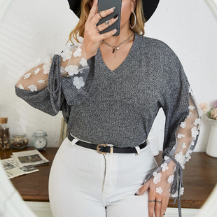 in stock plus size Women's Lace-up Bow Top Long Sleeve Commuter Loose European American Middle Eastern Women